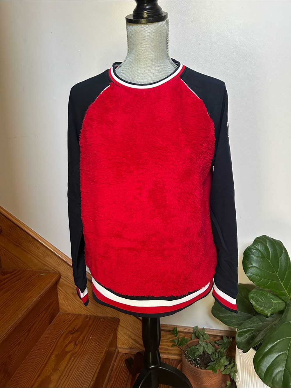 Red Fleece Front Raglan Sweatshirt with Black Sleeves